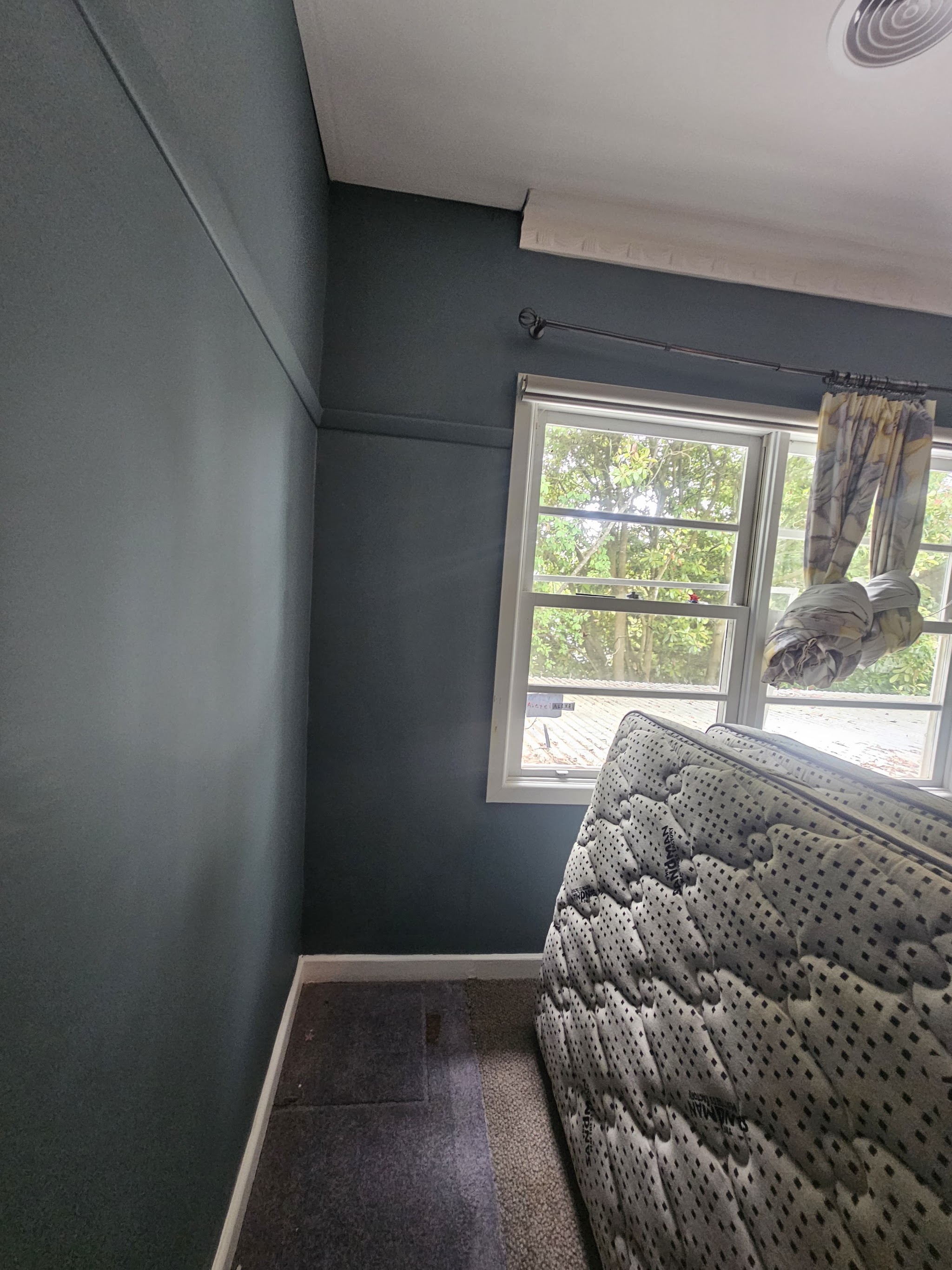Bedroom repainted in a dark slate tone with white window trim and ceiling